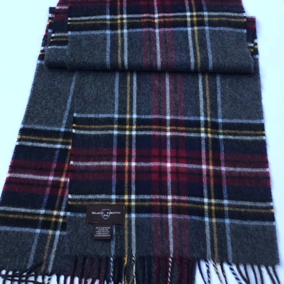 Black Brown 1826 long scarf classy gray & burgundy plaid 100%  cashmere - Picture 2 of 6